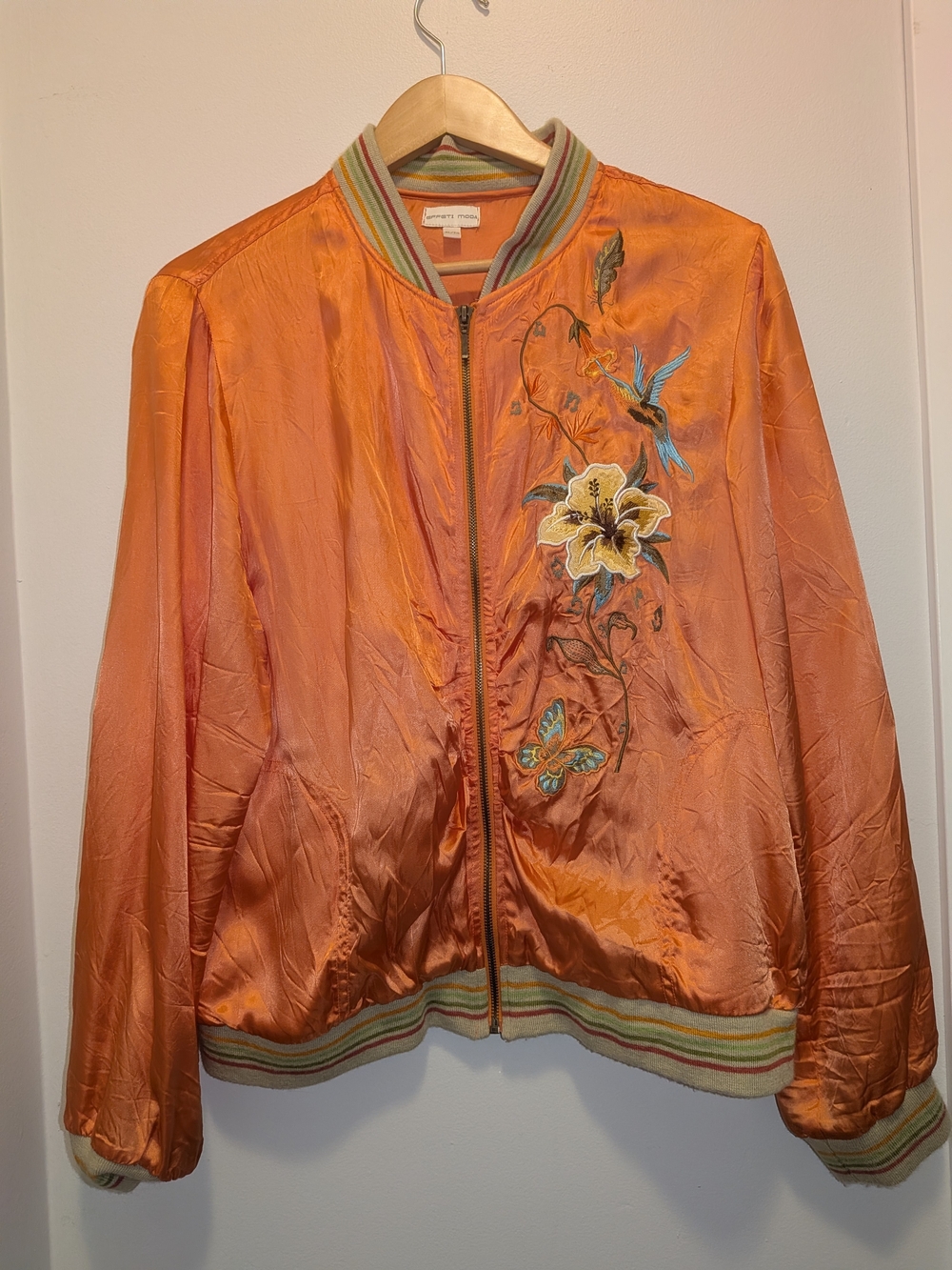Embroidered Orange Satin Bomber Jacket - Women's